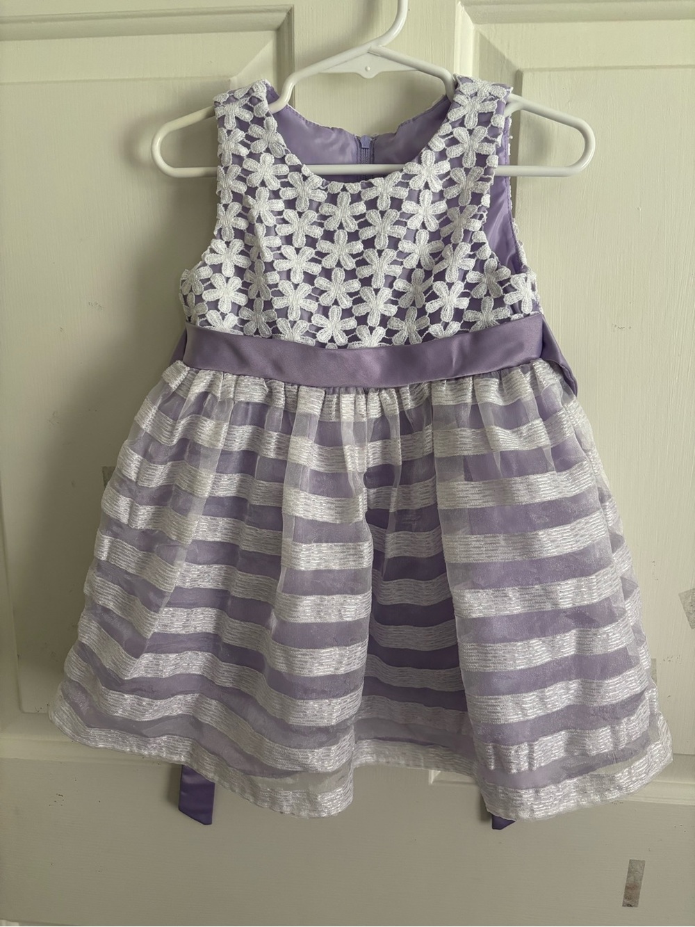 Rare Editions Lilac and White Floral Lace Stripe Dress with Satin Waist